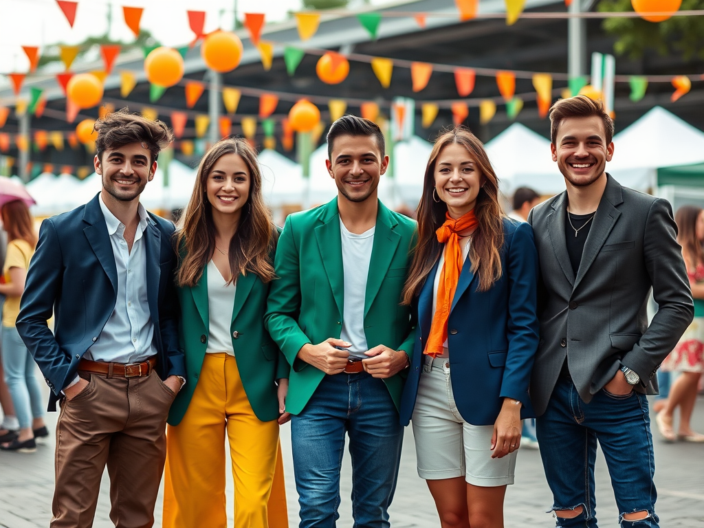 Grupa młodych ludzi ubranych w kolorowe marynarki, uśmiechających się na festiwalu. W tle dekoracje i stoisko.