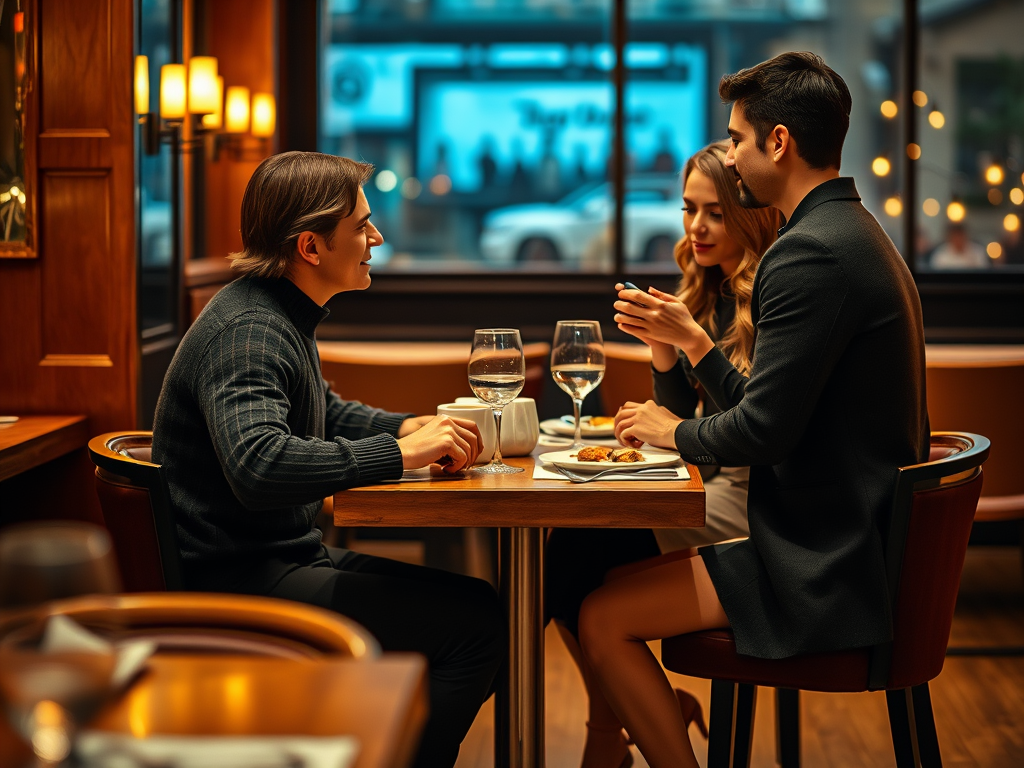 Dwójka ludzi rozmawia przy stole w restauracji, a kobieta z zainteresowaniem patrzy na telefon.